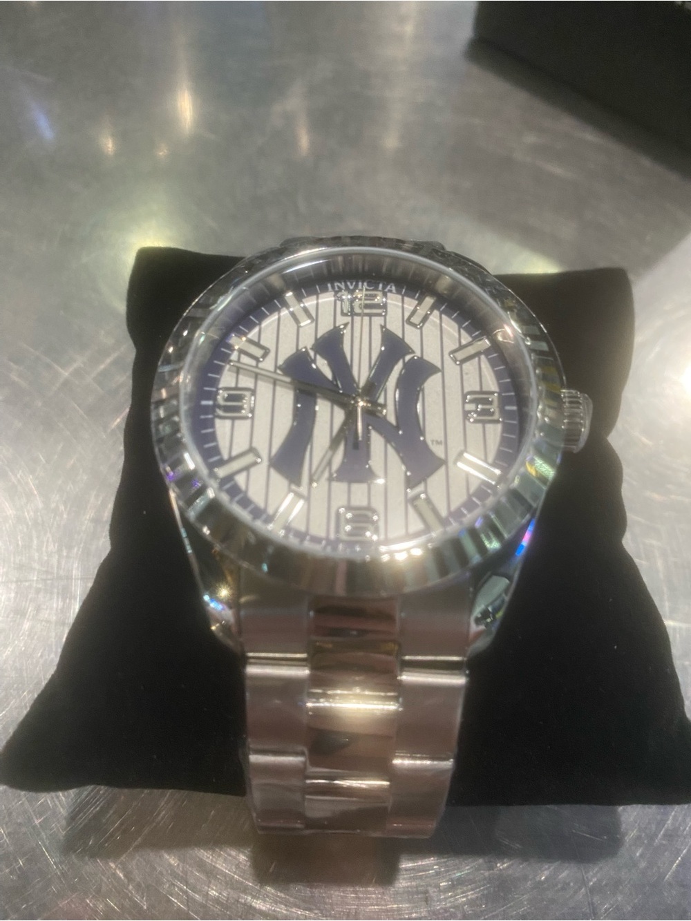 Invicta Silver Stainless Steel Watch with Navy Dial and Yankees Logo